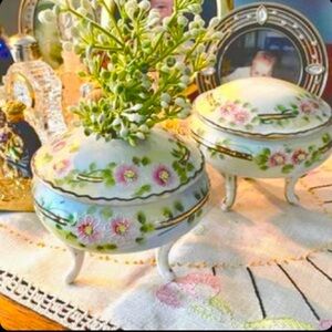 Elegant Victorian Handpainted Porcelain China Matching Jar and Hair Receiver Set